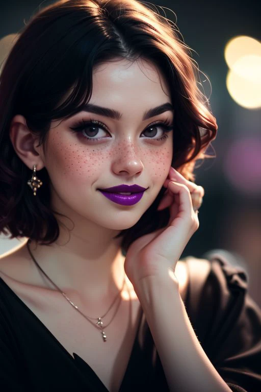 close up photo of beautiful young women, beautiful women, detailed face, (pale white skin:1.2), freckles, blushing, (purple short hair:1.2), black eyes, purple lipstick, purple eyeliner, large black emreald necklace, large ring shaped black earing, serious mouth closed smile, high quality, best quality, highres, high detail, film grain, shallow depth of field, vignette, highly detailed, high budget, bokeh, cinemascope, moody, epic, gorgeous, film grain, grainy