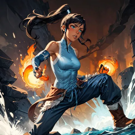 <lora:k0r1a_test:0.7>,<lora:add_detail:1>,<lora:boldline:-0.8>,<lora:noline:0.3>,
k0r1a,dark-skinned female,solo,
cyan eyes,sidelocks,[hair_tubes:1.2],short ponytail,black hair,
notched collar,blue tank top,sleeveless,waist pelt,blue belt,baggy pants,boots,
fighting_stance,water effects,flame effects,