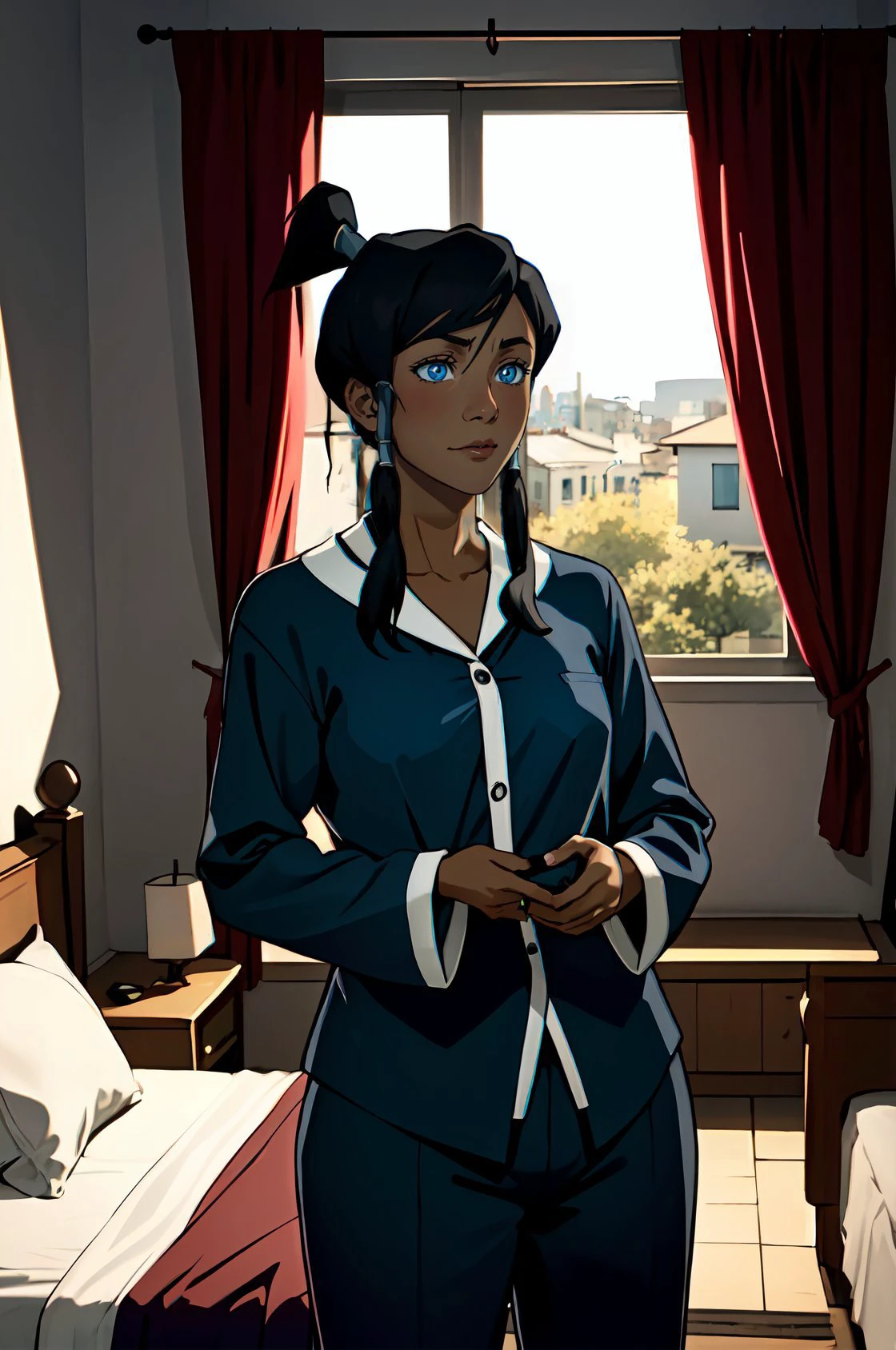 <lora:k0r1a:0.8> k0r1a, (dark-skinned female:1.2), blue eyes, sidelocks, [hair_tubes:8], short ponytail, black hair
 <lora:Velvet_Black_PajamasBy_Stable_Yogi:0.8> velvet Black Pajamas
night time, darkly lit, bedroom