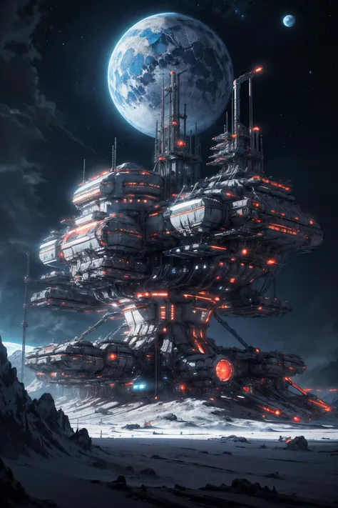 In a stark landscape stands a sprawling moonbase shining brightly on the moon's surface, with glowing white neon lights, the planet earth hangs in the lunar sky,
(detailed realistic background:1.3),
(official art, beautiful and aesthetic:1.2),
realistic lighting,
<lora:more_details:0.8> <lora:LunarPunkAI:0.8> LunarPunkAI, station, with habitat modules for people to live in, white neon lights,