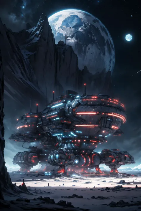 In a stark landscape stands a sprawling moonbase shining brightly on the moon's surface, with glowing white neon lights, the planet earth hangs in the lunar sky,
(detailed realistic background:1.3),
(official art, beautiful and aesthetic:1.2),
realistic lighting,
<lora:more_details:0.8> <lora:LunarPunkAI:0.8> LunarPunkAI, station, with habitat modules for people to live in, white neon lights,