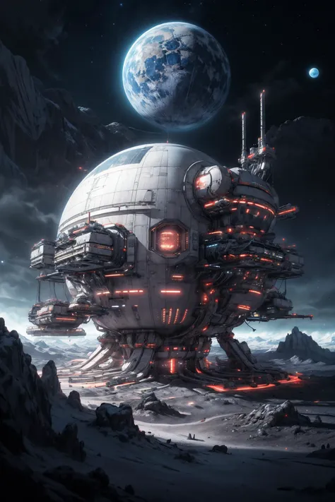 In a stark landscape stands a sprawling moonbase shining brightly on the moon's surface, with glowing white neon lights, the planet earth hangs in the lunar sky,
(detailed realistic background:1.3),
(official art, beautiful and aesthetic:1.2),
realistic lighting,
<lora:more_details:0.8> <lora:LunarPunkAI:0.8> LunarPunkAI, station, with habitat modules for people to live in, white neon lights,