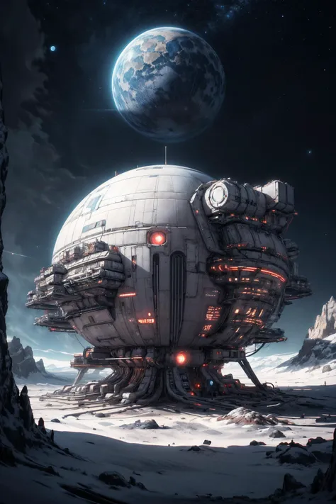 In a stark landscape stands a sprawling moonbase shining brightly on the moon's surface, with glowing white neon lights, the planet earth hangs in the lunar sky,
(detailed realistic background:1.3),
(official art, beautiful and aesthetic:1.2),
realistic lighting,
<lora:more_details:0.8> <lora:LunarPunkAI:0.8> LunarPunkAI, station, with habitat modules for people to live in, white neon lights,