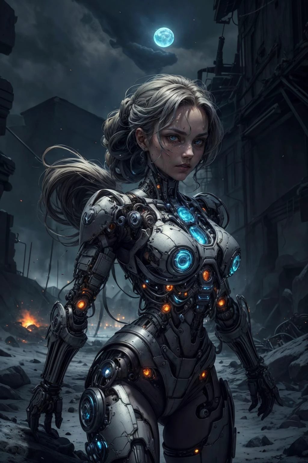 (best quality, masterpiece:1.2), photorealistic, thick outlines, strong shadows, <lora:add_detail:0.75>, <lora:sharpen-soften:0.25>, <lora:realistic:0.35>, <lora:kittew_v0.1:0.4>,
1 girl, adult woman, silver eyes, gray braided hairstyle,
solo, (full body:0.6), looking at viewer, detailed background, detailed face, (<lora:LunarPunkAI:0.6>, LunarPunkAI theme:1.1), glass-cyborg, (made of glass:1.1), translucent, glass construct, warrior, crystal armor, clean glass, mechanical, power source, surging power, wind, battlefield in background, epic atmosphere,