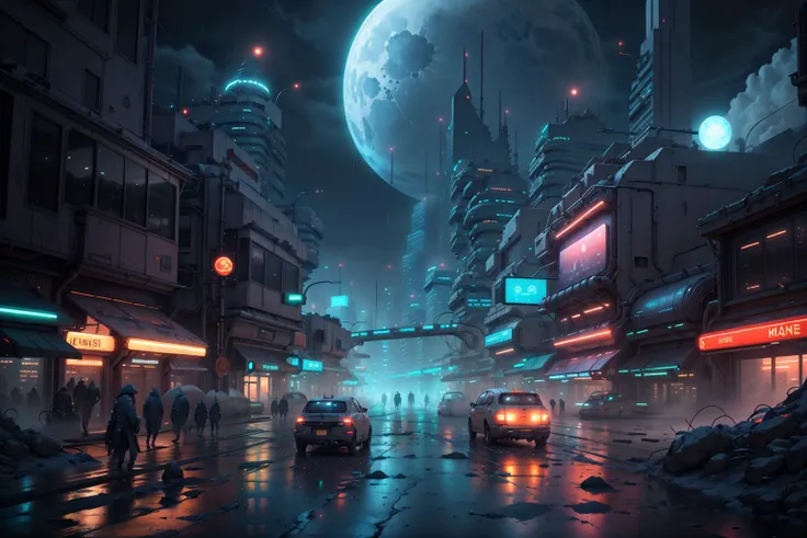 <lora:LunarPunkAI:.9> LunarPunkAI cyberpunk street city at night neons rain fog, detailed, intricate