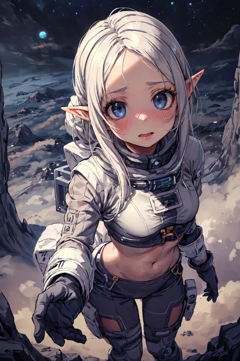 (best quality, masterpiece) high resolution, extremely detailed, detailed background, cinematic lighting, illustration, 1girl, solo, active pose, long eyelashes, colored eyelashes, (sharp eyes:1), cloudy sky, flying, above clouds, from above, stars, elf, starry sky, spacesuit, thight suit, midriff, (nude:0.8), LunarPunkAI, forehead, <lora:add_detail:0.8> <lora:LunarPunkAI:1>