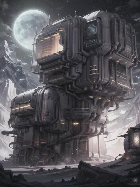 <lora:LunarPunkAI:1> LunarPunkAI, tall, (house:1.6), falling rocks, open crater, monolith, night, stars in the background, detailed, intricate <lora:more_details:0.6>