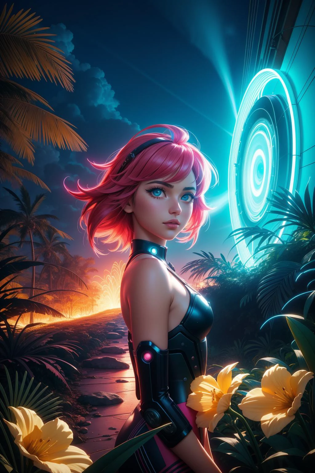 1girl, [ (by Mary Anning:1.3) : (Sarah Andersen:0.7) : (Ellen von Unwerth:0.9) :18], scene art, fantasy Chalk painting, concept art, wide angle of a Fiery Granular DayGlo ("Argothian Elder":1.3) , Hypnotic jungle in background, Rwandan grass with Daffodil, at Overcast, horizon-centered, Detailed illustration, Angry, Art Photography, Neon Light, Circular polarizer, Fujifilm Superia, key visual, sfumato, dslr, 8K, cyberpunk