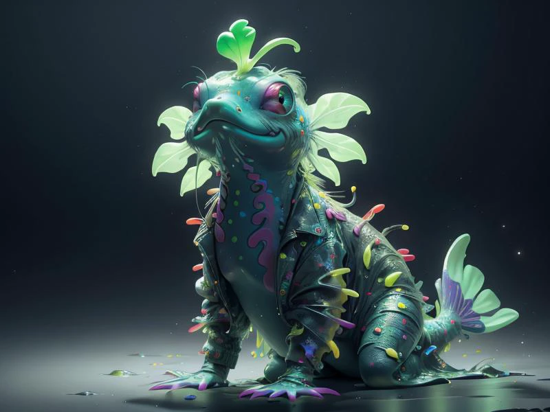 (Style: realism, (epic:1.2), realistic, photo, trending on artstation, (pixar:1.2), 3d, cartoon, ((high quality:1.2, masterpiece:1.2)) , (8k resolution) , high details, incredibly absurdres, color connection, colorized, colorful, neon colors, (bioluminescence:1.1), (iridescent:1.2), (no humans:1.3)),
(axolotl:1.2),, animal, cute big eyes, trench coat), moon,,
<lora:Acid_Slime_Bubbles:0.65> acidzlime