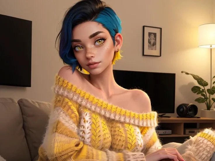 (Style: disney, (pixar), 3d, cartoon, realistic, realism, (epic:1.2), trending on artstation, ((high quality:1.2, masterpiece:1.2)) , (8k resolution) , high details, incredibly absurdres, color connection, colorized, colorful, sexy, nsfw, seductive),
(1girl: mid twenty, latina face, freckles, (blue short hair), shaved sides, medium breasts, tattooed, sw3ater, (yellow sweater:1.22), off-shoulder sweater, fuzzy sweater),
(Backround: cozy, wholsome, warm, living room)
<lora:sw3ater:0.6>