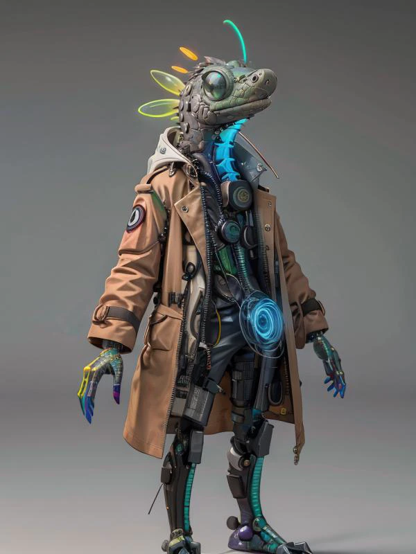 (Style: realism, (epic:1.2), realistic, photo, trending on artstation, (pixar:1.2), 3d, cartoon, ((high quality:1.2, masterpiece:1.2)) , (8k resolution) , high details, incredibly absurdres, color connection, colorized, colorful, neon colors, (bioluminescence:1.1), (iridescent:1.2), (no humans:1.3)),
<lora:ScrapBot:0.85> scrapbot
lizard,, animal, cute big eyes, trench coat), foreign planet,,