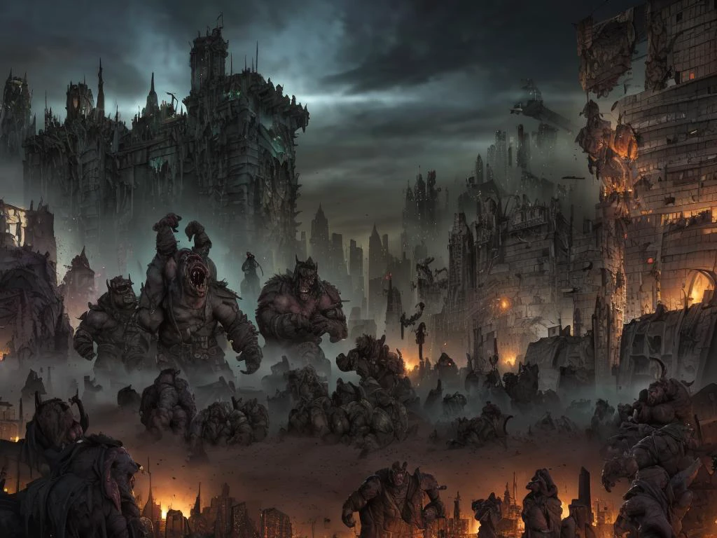 cityscape, <lora:Wasteland:0.66> Wasteland, the, and, with, wasteland, background, (darkness) , (at night) ,
, architecture, city of a landscape of a (a horde of orc in front of modern cityscape:1.3) , Summer, ornate, (overwhelming:1.2) , (high details:1.0) , (Photorealistic:1.2) , subsurface scattering, (detailed background visible:1.2) , (crafted style) (detailed hyperrealism) , (At heart composition) , (captivating photograph:1.2)