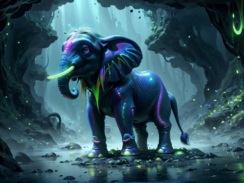 (Style: realism, (epic:1.2), realistic, photo, trending on artstation, (pixar:1.2), 3d, cartoon, ((high quality:1.2, masterpiece:1.2)) , (8k resolution) , high details, incredibly absurdres, color connection, colorized, colorful, neon colors, (bioluminescence:1.1), (iridescent:1.2), (no humans:1.3)),
(elephant,, animal, cute big eyes, trench coat), cave,
<lora:Acid_Slime_Bubbles:0.65> acidzlime