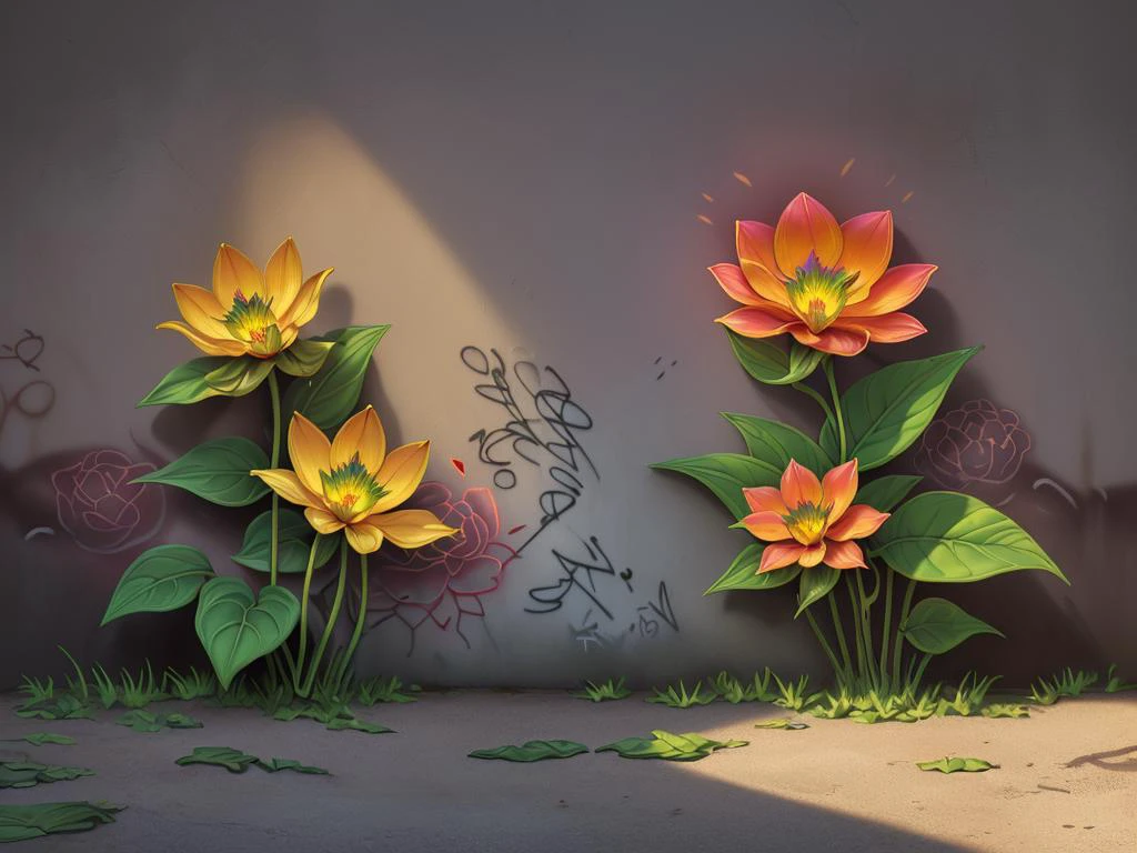 ((Enchanting:1.1) ((grafitti detailed intricate exotic flower:1.3) )
(on wall:1.2))Exquisite (Street art:1.3), (3D Graffiti artwork:1.3), (influenced by banksy:1.28),
(partially (neon colors:1.18)),(flat shading:1.3), Lateral illumination, (Off-axis lighting:1.2), Directional light, (Panoramic view:1.2), Wide angle, (partially glowing:1.1)(bioluminescence:1.2), (light rays:1.1),Phenomenal glowing (Wall Graffiti:1.3), (at night:1.2)
(hyperdetailed:1.2), (high details:1.0), (Photorealistic:1.2), analog style, cinematic Lighting, subsurface scattering, (detailed background visible:1.2),
