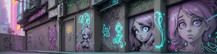 ((best quality)), ((detailed)), ((masterpiece)), (Enchanting:1.3), Phenomenal, Exquisite, (1girl (machine girl:1.2) Wall Graffiti:1.18), (Street art:1.21), (Graffiti artwork at dark corner:1.3), 
(flat shading:1.13), 
(influenced by banksy:1.23),  
Lateral illumination, Off-axis lighting, Directional light, 
Panoramic view, (Wide angle:1.1), 
(neon stripes:1.1), (neon lines:1.2), vines, (partly overgrown:1.22) (glowing:1.1)(bioluminescence:1.1), light rays, (big eyes),