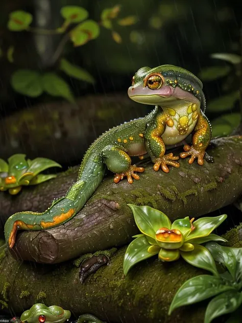 close up of mossy log, detailed forest background, (rain) , wet mossy surroundings, Bronze flowers, ((fire salamander) , mossy log:1.3) with Sandstone tail, it is Sad, Regret, Light caustics, 800mm lens, (hyperdetailed:1.2) , (Photorealistic:1.2) , cinematic Lighting, (detailed background visible:1.2) , (bioluminescent:1.1) , (At heart composition) , (captivating photograph:1.1)