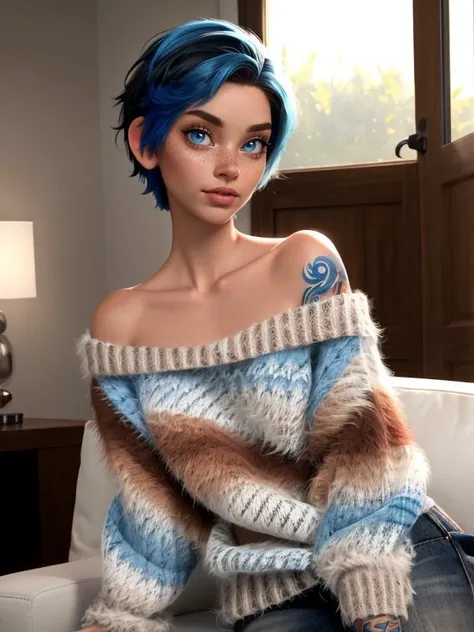 Kate, short black hair with blue highlights, looking at the viewer, blue eyes, perfect body, ((winter clothes)), sitting in front of a fireplace, in an elegant inn, drinking hot chocolate, grin, short hair, black hair, streaked hair, blue hair, hair over one eye, hair behind ear, wide shot, panorama, cinematic lighting, Hyperrealism, close-up, cowboy shot, from side, cowboy shot, Hyperrealism, cinematic lighting, accurate, masterpiece, best quality, highres, 8k