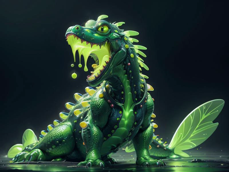 (Style: realism, (epic:1.2), realistic, photo, trending on artstation, (pixar:1.2), 3d, cartoon, ((high quality:1.2, masterpiece:1.2)) , (8k resolution) , high details, incredibly absurdres, color connection, colorized, colorful, neon colors, (bioluminescence:1.1), (iridescent:1.2), (no humans:1.3)),
crocodile,, animal, cute big eyes, trench coat), foreign planet,,
<lora:Acid_Slime_Bubbles:0.65> acidzlime