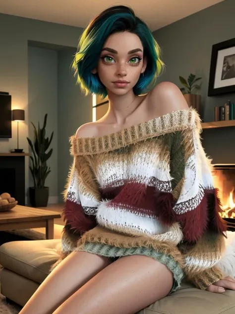 (Style: disney, (pixar), 3d, cartoon, realistic, realism, (epic:1.2), trending on artstation, ((high quality:1.2, masterpiece:1.2)) , (8k resolution) , high details, incredibly absurdres, color connection, colorized, colorful, sexy, nsfw, seductive),
(1girl: mid twenty, latina face, freckles, (blue short hair), shaved sides, medium breasts, tattooed, sw3ater, (green sweater:1.22), off-shoulder sweater, fuzzy sweater),
(Backround: cozy, wholsome, warm, living room)
<lora:sw3ater:0.6>