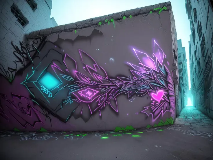 (Enchanting:1.3) (teasing style grafitti:1.4) Phenomenal ((multi dimensional) Wall Graffiti:1.3), Exquisite (Street art:1.3), (3D Graffiti artwork:1.3),  (influenced by banksy:1.28),  
(flat shading:1.13), Lateral illumination, (Off-axis lighting:1.2), Directional light, (Panoramic view:1.2), Wide angle, neon background, (glowing:1.1)(bioluminescence:1.2), light rays,
sharp photograph, 8k, perfect angle, winner photo contest,