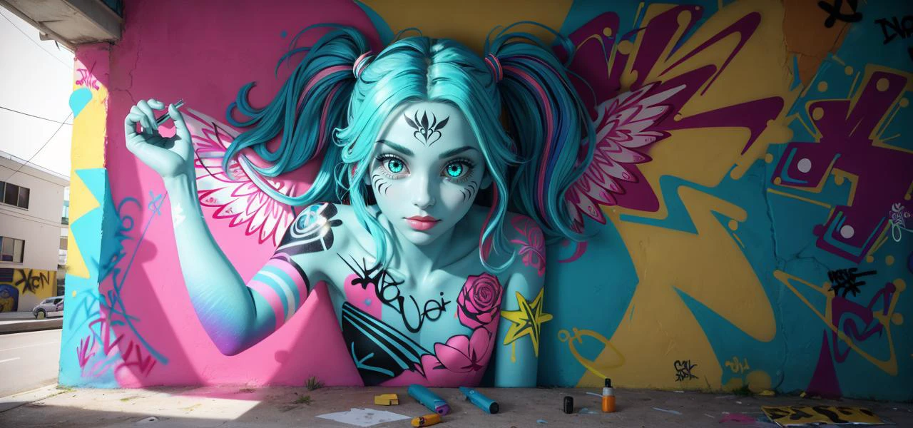 ((best quality)), ((detailed)), ((masterpiece)), ((Enchanting)), Phenomenal, Exquisite, (((wall graffiti portrait) of (1girl:1.2), (Wall Graffiti:1.3), wings, (Graffiti:1.2))) artwork, flat shading, (influenced by banksy), Lateral illumination, Off-axis lighting, Directional light, Panoramic view, Wide angle, (neon stripes:1.1), neon background, (glowing:1.1)(bioluminescence), light rays, lineart, thick lines, clear lines, (Style: realism, (epic:1.2), realistic, photo, trending on artstation, pixar, 3d, ((high quality:1.2, masterpiece:1.2)) , (8k resolution) , high details, incredibly absurdres, color connection, colorized, colorful),
((best quality)), ((detailed)), ((masterpiece)), ((Enchanting)), Phenomenal, Exquisite, (1girl Wall Graffiti:1.1), (Street art:1.1), Graffiti artwork, flat shading, (influenced by banksy), Lateral illumination, Off-axis lighting, Directional light, Panoramic view, Wide angle, (neon stripes:1.1), neon background, (glowing:1.1)(bioluminescence), light rays,