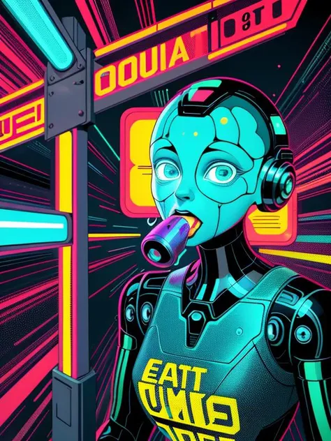 (A cute woman Space explorer) has encountered an alien civilization (Scary but friendly aliens, cybernetic enhanced, robot servants), they examine her and offer alien food
