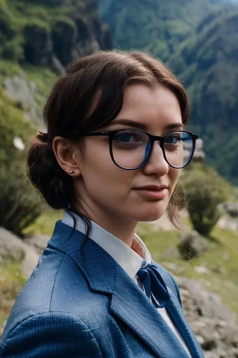A stunning intricate full color portrait of a woman,blue hair, wearing a formal business suit, holda presentation, having fun, epic character composition,by ilya kuvshinov, alessio albi, nina masic,sharp focus, natural lighting, subsurface scattering, f2, 35mm, film grain, full body in the picture <lora:miaelfie:1>