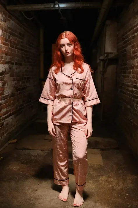 a stunning intricate full color portrait of a beautiful pale woman, red hair, Pajamas and slippers, in a dark basement, bad flash <lora:NightphotoV1-0:0.4>, embarrassed, Sharp Focus, low key lighting, shot on iphone, cinematic bokeh, detailed skin, from above  <lora:miaelfie:1>