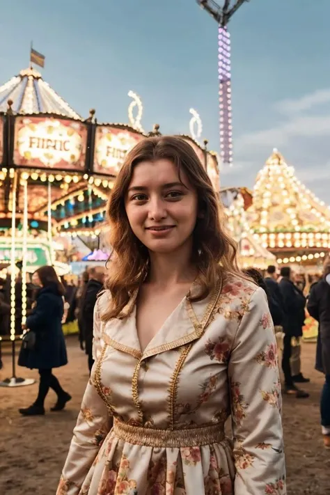 A stunning intricate full color portrait of a woman,wearing a floral dress, crowded fairground, happy, epic character composition,by ilya kuvshinov, alessio albi, nina masic,sharp focus, natural lighting, subsurface scattering, f2, 35mm, film grain, full body in the picture <lora:miaelfie:1>