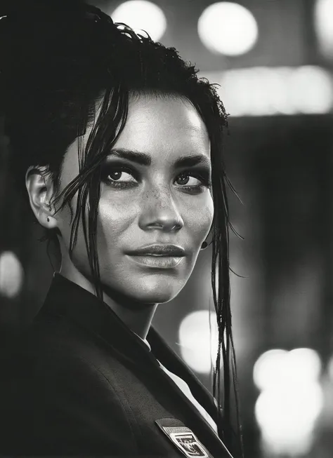 candid RAW close up portrait photo of sks woman in a (purple colored suit:1.0) on a dark street with shopping windows (at night:1.2), bokeh, Ilford Delta 3200 film, dof, high definition, detailed, intricate, flashlight, <lora:locon_panam_v1_from_v1_64_32:1.25>