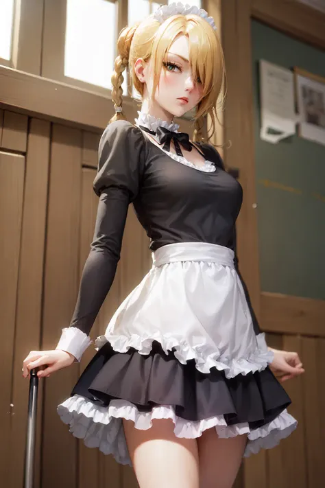 (masterpiece, best quality:1.2), <lora:beelzebub_hilda-10:0.8>, cowboy shot, solo, 1girl, hilda \(beelzebub\), expressionless, looking at viewer, maid uniform