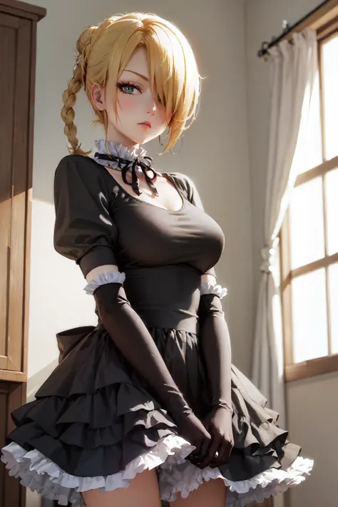 (masterpiece, best quality:1.2), <lora:beelzebub_hilda-10:0.8>, cowboy shot, solo, 1girl, hilda \(beelzebub\), expressionless, looking at viewer, maid uniform, black elbow gloves