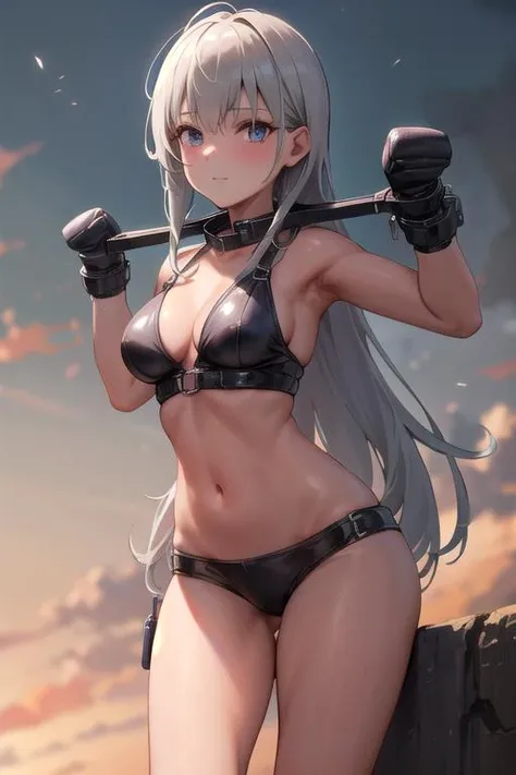 masterpiece, best quality, highres, 1girl, holding metal rod around neck, wearing leather mittens <lora:bondageYokeFrontMetalV1:0.9>