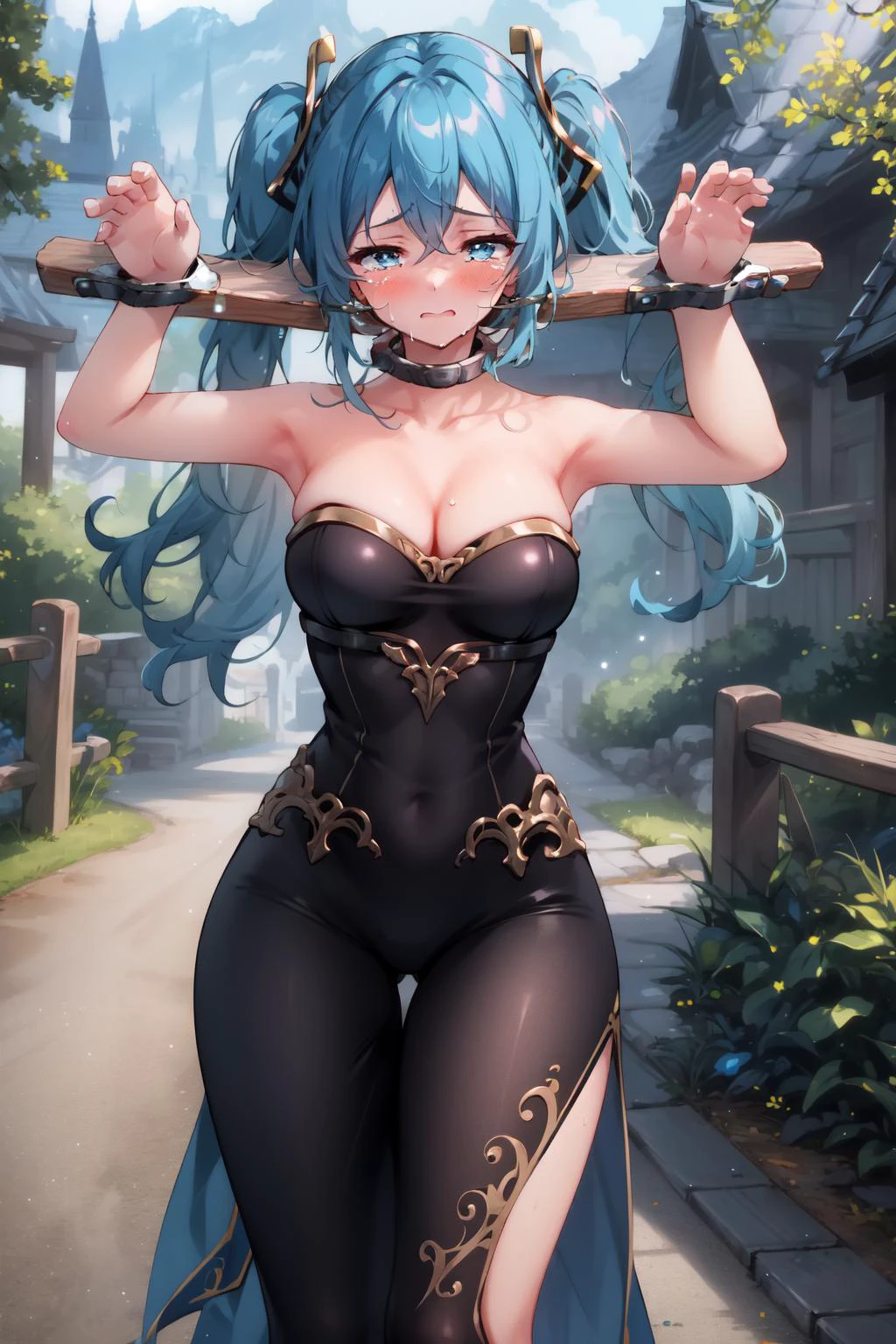 (masterpiece, best quality), intricate details,
1girl, <lora:sona:0.8> sona, crying, tears, sad
<lora:BondageYokeWoodHandsFront:1.5> holding wood around neck, yoke, bondage, restrained,