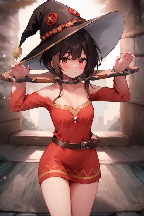 (masterpiece, best quality), intricate details,
1girl, <lora:megumin-10:0.8> megumin, short hair, dress, red dress, hat, witch hat, belt
<lora:BondageYokeWoodHandsFront:2> holding wood around neck, yoke, bondage, restrained,