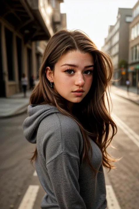 brooke_monk in a grey sweatshirt on a street, realistic, long flowing brown hair, harsh sunlight, morning, beautiful composition, sharp focus, high detailed face, smooth, digital illustration, symmetry, photorealistic portrait of a woman, closeup photo, dramatic lighting, cinematic scene, highly detailed, elegant, epic wide shot, smooth, intricate, elegant <lora:more_details:0.25>