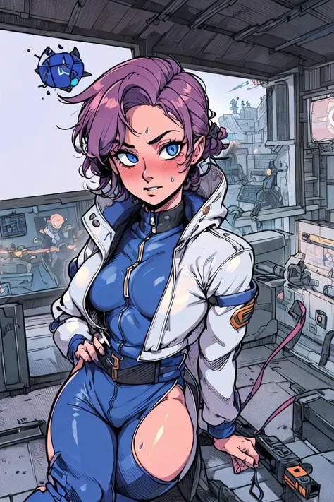 girl, (eyes, eyeshadow, detailed eyes), (hotify,digital art,fit,hot body,instagram:1.2),(hottie:1.4), (Dark,Gaming Room Background:1.4),Thicc,Small Breasts,(Sitting with back arched),Very Short Hair,Braided Buns,(blue Insulated Down Coat,blue Joggers:1.3),lyrical nanoha,Warm Clothes ,(masterpiece,detailed,highres:1.4) <lora:loop:0.7>