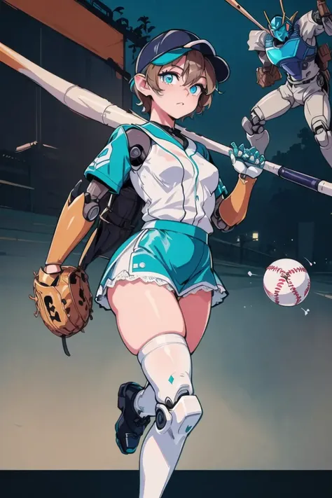 girl, (eyes, eyeshadow, detailed eyes) (hotify,digital art,fit,hot body,instagram:1.2),(robot:1.4), (Night,Baseball Background:1.4),Hourglass Body,Very Tiny Breasts,(Yoga Pose),Very Short Hair,Marcel,(tan Jersey,teal Lace skirt:1.3),arknights,V-kini ,(masterpiece,detailed,highres:1.4) <lora:loop:0.8>