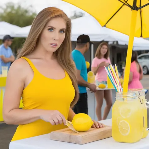 a photo of lena paul, ohwx woman, at a lemonade stand, best quality <lora:lenapaul_SDXL:0.8>