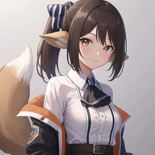 ((masterpiece)),(best quality),official art,extremely detailed CG,unity 8k wallpaper,ultra detailed,1girl,solo,upper body,(portrait:1.2),animal_ears,fox_ears,id_card,brown_hair,black_pantyhose,fox_tail,brown_eyes,black_footwear,smile,looking_at_viewer,ponytail,belt,hair_bow,white_shirt,striped_bow,long_sleeves,shoes,black_shorts,fox_girl,ascot,collared_shirt,medium_breasts,black_bow,white_jacket,long_hair,bangs,<lora:Perfumer(ark)>,
