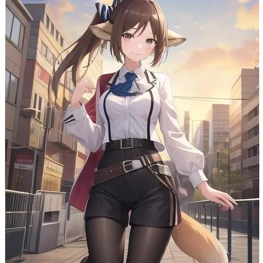 ((masterpiece)),(best quality),official art,extremely detailed CG,unity 8k wallpaper,ultra detailed,1girl,solo,cowboy shot,animal_ears,fox_ears,id_card,brown_hair,black_pantyhose,fox_tail,brown_eyes,black_footwear,smile,looking_at_viewer,ponytail,belt,hair_bow,white_shirt,striped_bow,long_sleeves,shoes,black_shorts,fox_girl,ascot,collared_shirt,medium_breasts,black_bow,white_jacket,long_hair,bangs,<lora:Perfumer(ark)>,