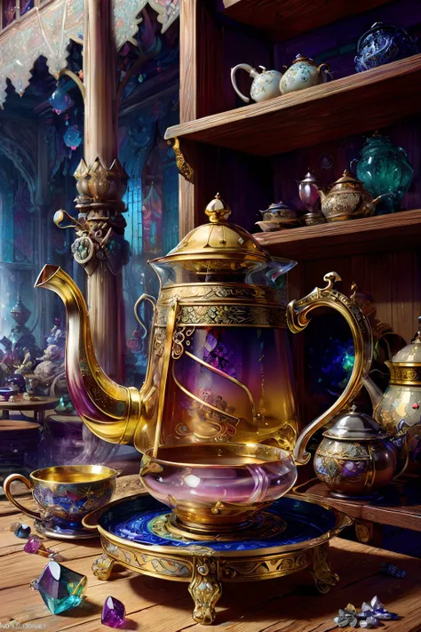 (hyper-detailed:1.4), ultra-detailed, sharp, (realistic:1.3), <lora:faestyle:0.7> colorful fancy intricate tea setting with (Encaustic,Fusing Glass,Gyotaku) that is (Iron,Vermeil (Gold-plated Silver)) and (Periwinkle,Magenta,Sapphire) with delicate painted details and (inlaid with (Bone,Glass)), straight teaspoon, cream pourer, sugar bowl, intricate bowl of candy, teapot with handle and one spout, samovar, establish trust with the Martians, scattered gemstones and jewels, on a (Cedar) table, natural light