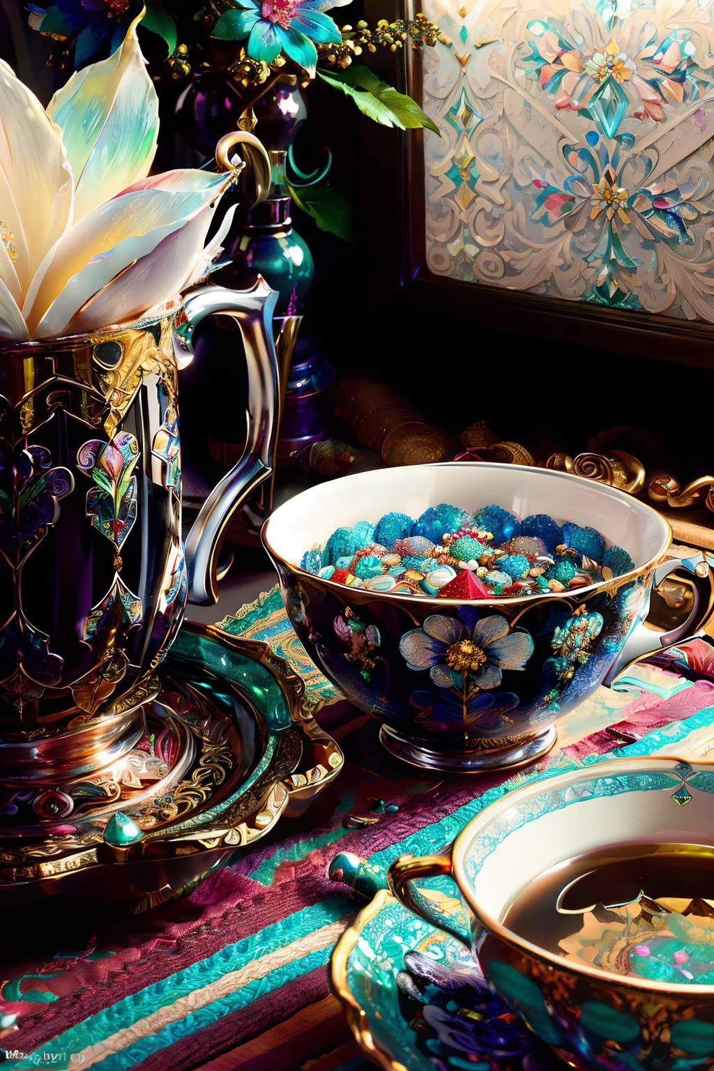 (hyper-detailed:1.4), ultra-detailed, sharp, (realistic:1.3), <lora:faestyle:0.7> colorful fancy intricate enameled, embossed, and polished silver and gold and cyan and red tea setting with delicate painted details (inlaid with ivory and ebony), straight teaspoon, cream pourer, sugar bowl, intricate bowl of candy, teapot with handle, samovar, establish trust with the Martians, scattered gemstones and jewels, natural light