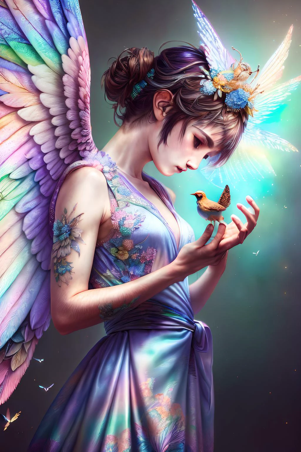 (hyper-detailed:1.4), ultra-detailed, sharp, HDR, (realistic:1.4),
dramatic shadows, natural light,
<lora:faestyleV2:1.0>
,
Phosphorescent,Pastel,
A Skylark wounded in the wing
,Some to Misery are Born
,Isn't this enough? Just... this?
,
hands folded,
thai wrap dress,
perfect eyes, focused,