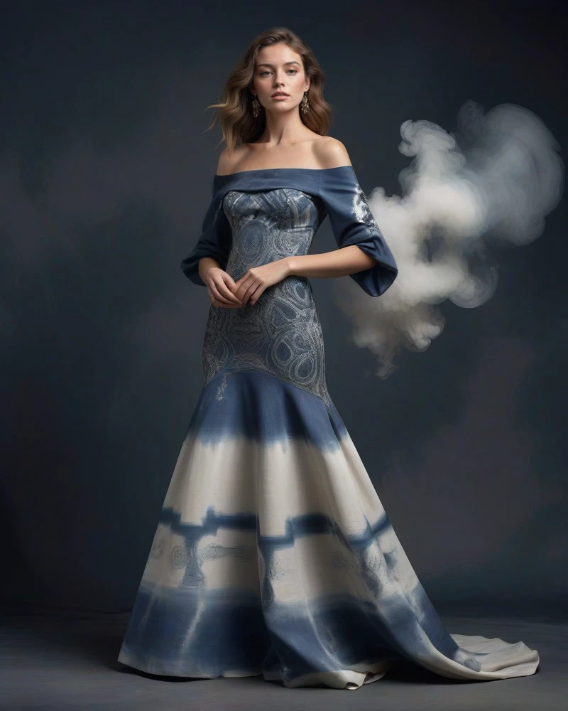<lora:Cloudy_Style:0.6> smoke, complex background, ornate details, UHD, realistic fabric movement, fashion photography, supermodel pose BREAK tight full body clothing, off-the-shoulder neckline, robotic titanium-weave, shibori, papyrus, three-quarter sleeves, floor-length, empire waist, flared skirt, sequins, enzyme wash, convertible dress, zipper closure, statement necklace, stitching details, illustration <lora:FrostPunkAIv2p:0.7>