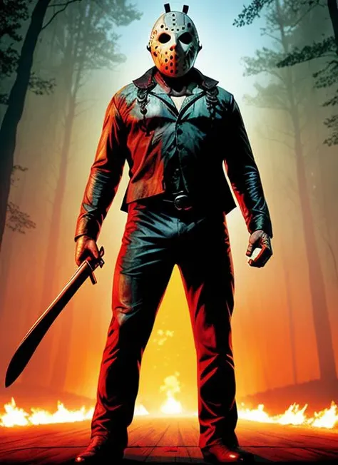 pt3jasonvoorhees-2250, looking at viewer, dressed as Jason Voorhees, movie poster in the style of the film Friday the 13th, photorealistic, masterpiece