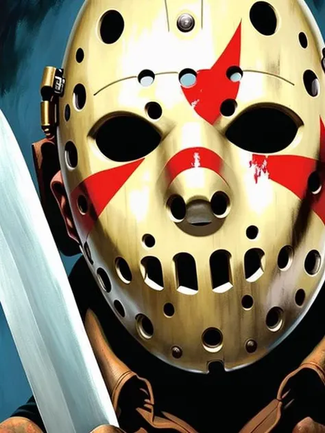 medium full shot, pt3jasonvoorhees-2250, holding a bloody machete, amazing high detail oil painting, photorealistic, masterpiece