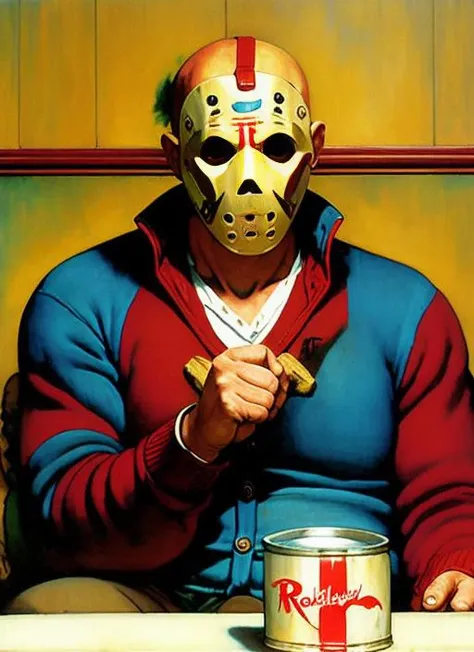 pt3jasonvoorhees-2250, looking at viewer, wearing a cardigan sweater, holding a can of beer, sitting on a sofa, watching football game on TV, alone in his study, (by Norman Rockwell), photorealistic, masterpiece