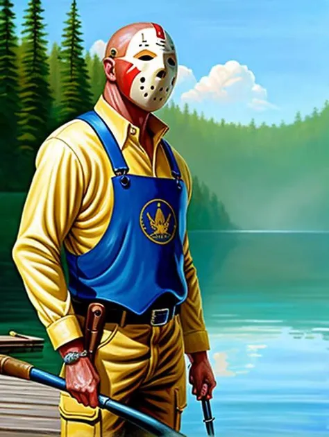 pt3jasonvoorhees-2250, looking at viewer, wearing fishing outfit, fishing on a quiet lake, oil painting, photorealistic, masterpiece