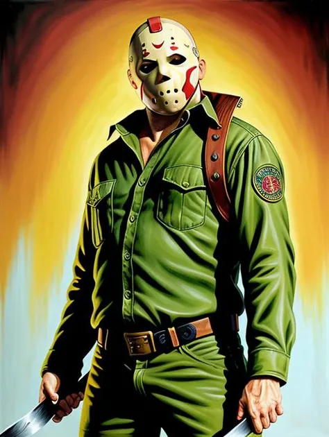 medium full shot, pt3jasonvoorhees-2250, amazing high detail oil painting, photorealistic, masterpiece